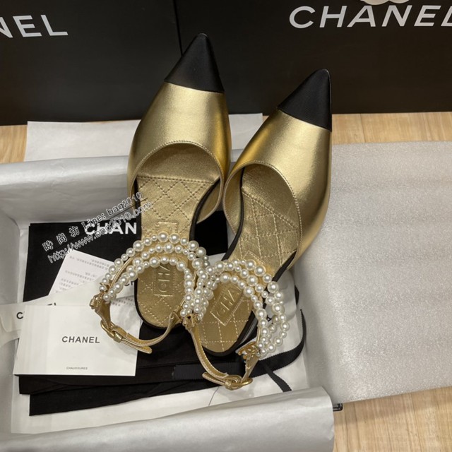 chanel2022最新爆款珍珠涼鞋 香奈兒尖頭平跟涼鞋 dx3354